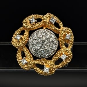 VINTAGE Gold Silver Rhinestone Pavé Textured Two Toned Brooch - Unsigned Beauty